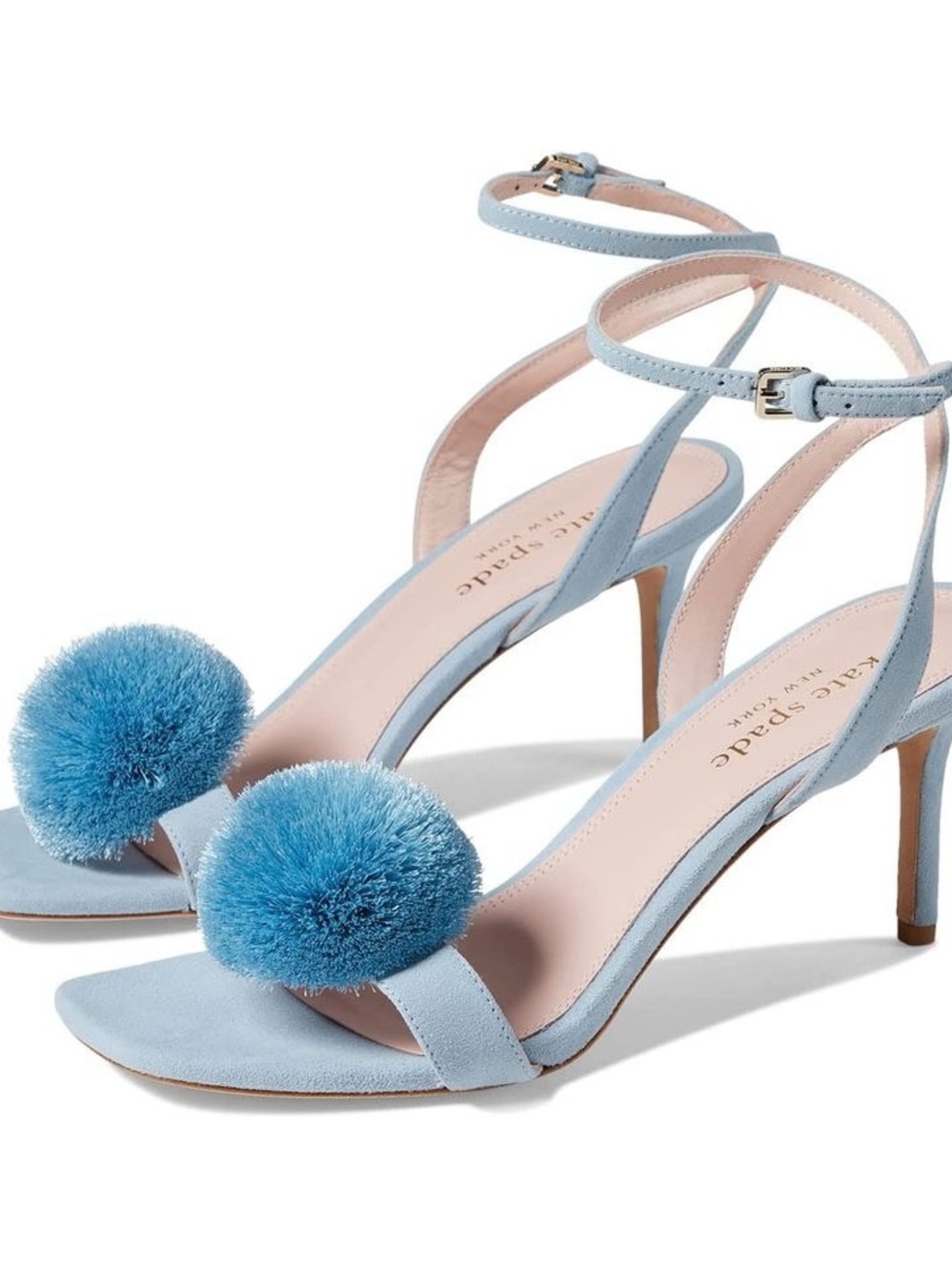 kate spade Light Blue Suede Pom-Pom Ankle-Strap Heels